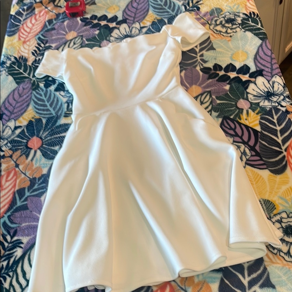 B Darlin Elegant White Off-Shoulder Dress with scallop hem pockets
